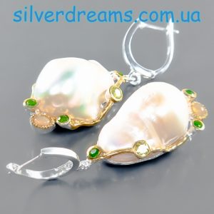 Серьги серебро натуральный жемчуг опал хризолит диопсид