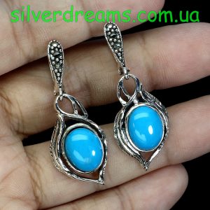 Серьги серебро природная бирюза и марказит