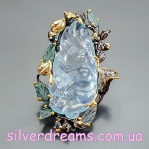 Брошь/подвеска серебро натуральный аквамарин турмалин сапфир