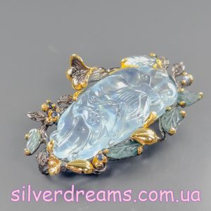 Кулон/брошь серебро природный аквамарин турмалин сапфир