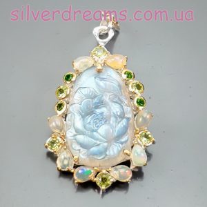 Подвес серебро натуральный лабрадор + опал + хризолит + диопсид