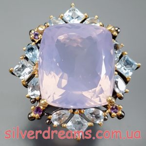 Кольцо серебро природный лавандовый кварц + топаз + аметист