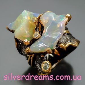 HANDMADE! Серебряное кольцо с грубыми эфиопскими опалами р.17,8