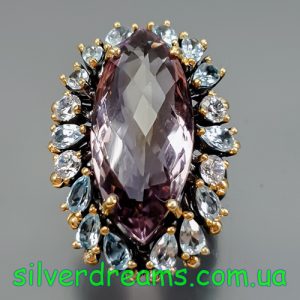 Кольцо серебро природный аметрин и голубой топаз