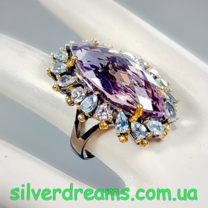 Перстень серебро натуральный аметрин и голубой топаз