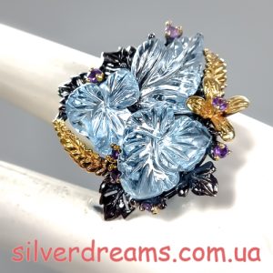 Alternative view of HANDMADE! Серебряное кольцо из крупного резного аквамарина 35 кт + аметист р.18,5