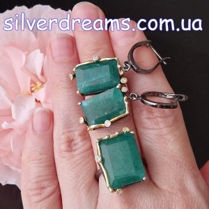 Комплект серьги + кольцо серебро натуральный берилл