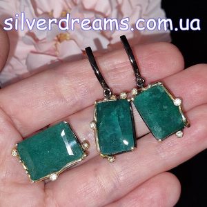 Комплект серьги + кольцо серебро натуральный берилл