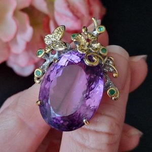Подвес серебро натуральный аметист + изумруд