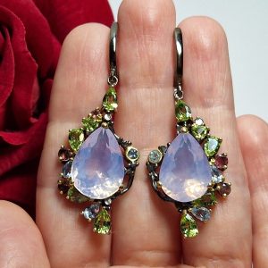 Серьги серебро природный лавандовый кварц + хризолит + топаз + родолит