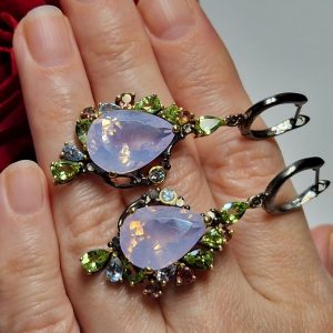 Серьги серебро природный лавандовый кварц + хризолит + топаз + родолит