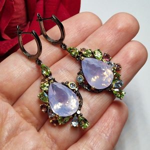 Серьги серебро натуральный лавандовый кварц + хризолит + топаз + родолит