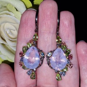 Серьги серебро природный лавандовый кварц + хризолит + топаз + родолит