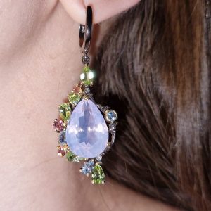 Серьги серебро натуральный лавандовый кварц + хризолит + топаз + родолит