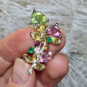 Брошь серебро натуральный турмалин + оникс + родолит