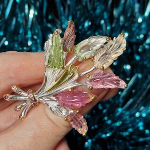 Брошь/подвеска серебро натуральный мультицветный турмалин