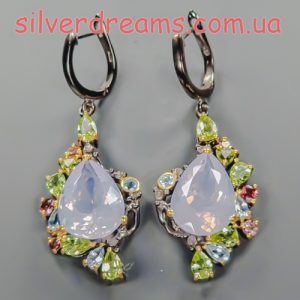 Серьги серебро натуральный лавандовый кварц + хризолит + топаз + турмалин