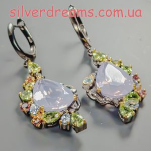 Серьги серебро природный лавандовый кварц + хризолит + топаз + турмалин