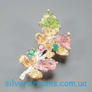Брошь серебро натуральный турмалин