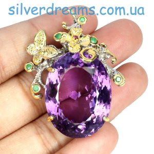 Подвес серебро натуральный аметист и изумруд