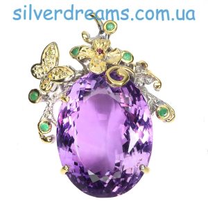 Кулон серебро природный аметист + изумруд