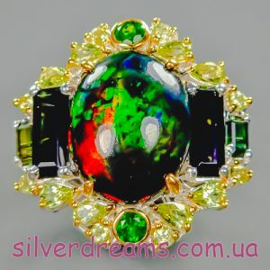 Кольцо серебро природный чёрный опал + турмалин + диопсид+ хризолит