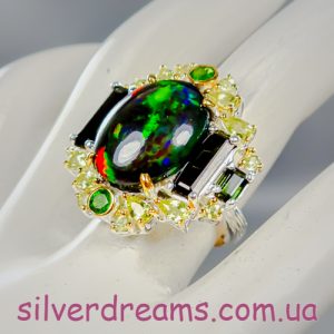 Перстень серебро натуральный чёрный опал турмалин диопсид хризолит