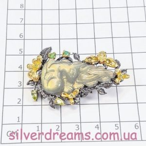 Брошь/кулон серебро природный лабрадорит оникс хризолит