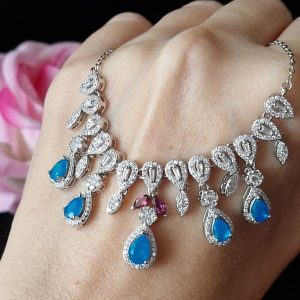 Колье серебро природный голубой опал и родолит