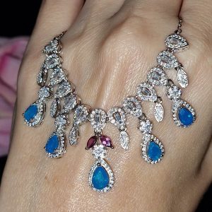 Ожерелье серебро натуральный голубой опал + родолит