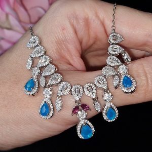 Колье серебро природный голубой опал и родолит