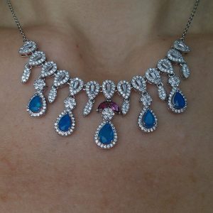 Колье серебро натуральный голубой опал и родолит