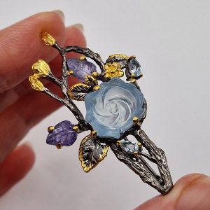 Брошь серебро природный аквамарин + танзанит + топаз