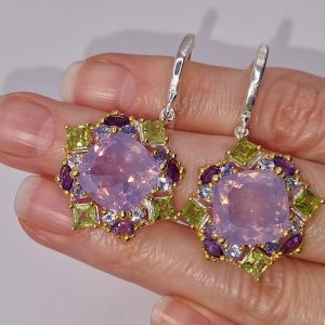 Серьги серебро природный лавандовый кварц + родолит + хризолит