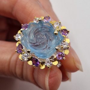 Перстень серебро натуральный аквамарин + аметист