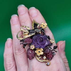 Кулон/брошь серебро природный аметист + турмалин