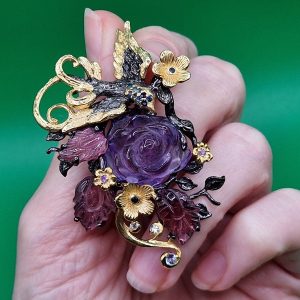 Подвес/брошь серебро натуральный аметист + турмалин