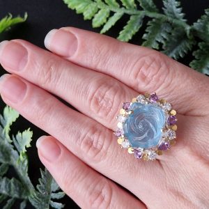 Кольцо серебро природный аквамарин + аметист