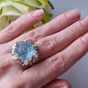 Кольцо серебро природный аквамарин + аметист