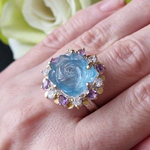 Перстень серебро натуральный аквамарин + аметист