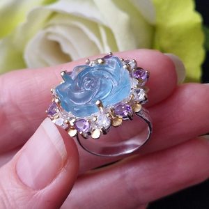 Перстень серебро натуральный аквамарин + аметист