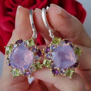 Серьги серебро натуральный лавандовый кварц + родолит + хризолит