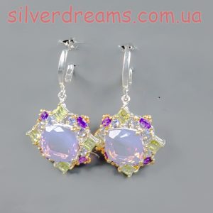 Серьги серебро природный лавандовый кварц + аметист + хризолит + танзанит