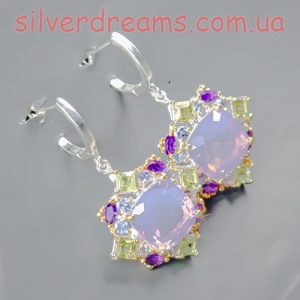 Серьги серебро натуральный лавандовый кварц + аметист + хризолит + танзанит