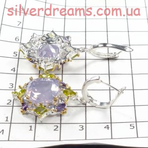 Серьги серебро натуральный лавандовый кварц + аметист + хризолит + танзанит