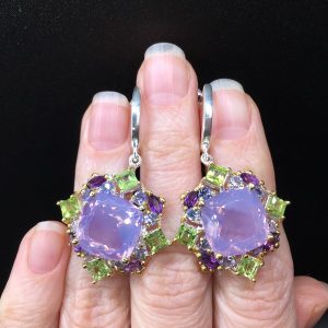 Серьги серебро природный лавандовый кварц + родолит + хризолит