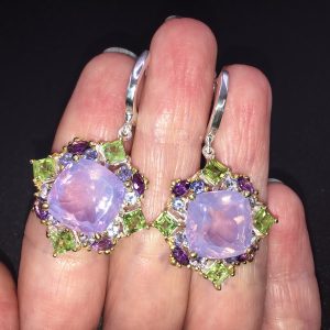 Серьги серебро натуральный лавандовый кварц + родолит + хризолит