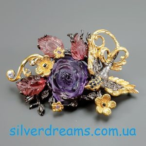 Брошь/кулон серебро природный аметист и турмалин