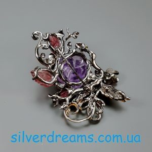 Брошь/подвес серебро натуральный аметист турмалин сапфир