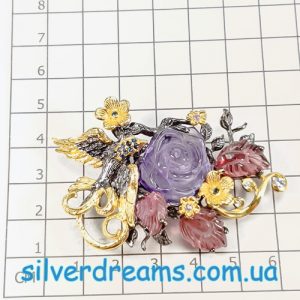 Брошь/подвес серебро натуральный аметист турмалин сапфир